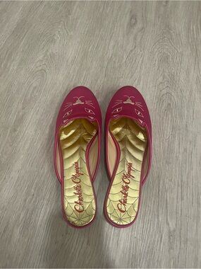 Charlotte Olympia Fuchsia Pink Satin Kitty Mules with Gold Heel - Size 37.5